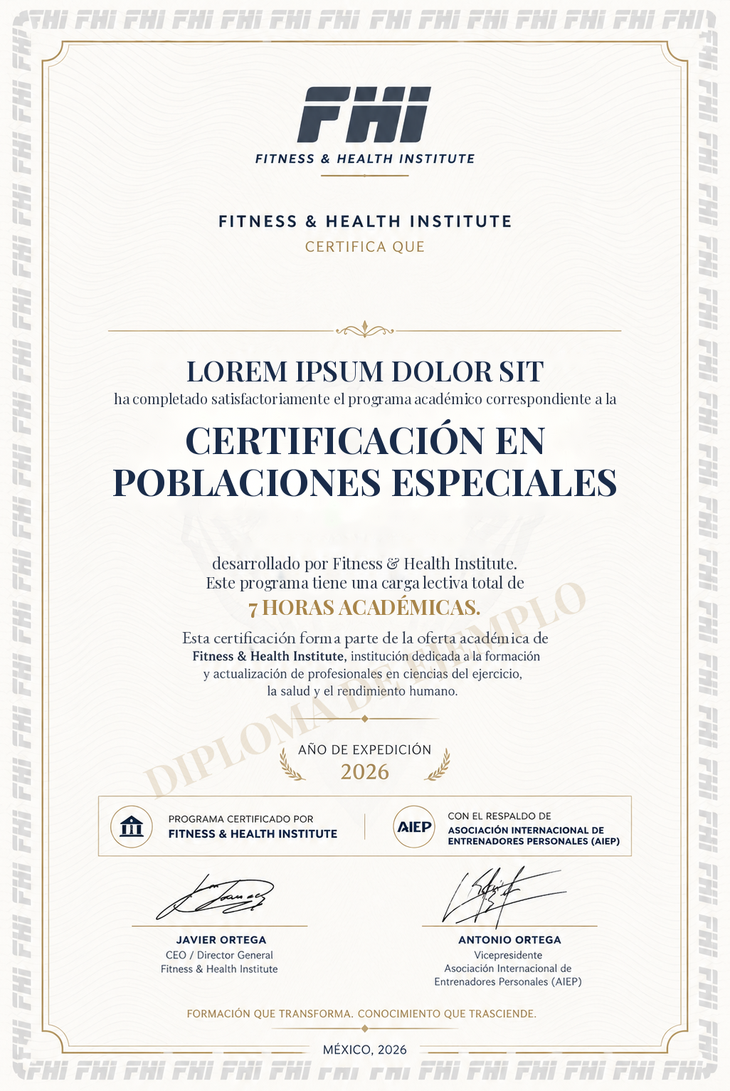 Diploma de la Certificación en Poblaciones Especiales de FHI